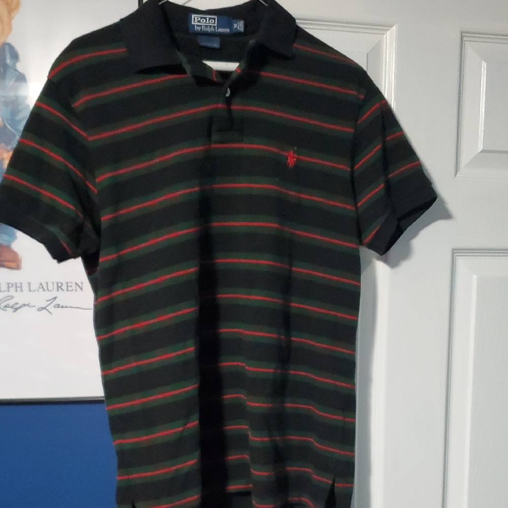 Polo by Ralph Lauren Black Polo with Green and Red Stripes Sz M